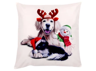 Vánoční povlak na polštář Pes, kočka a sněhulák, 45x45 cm