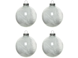 Vánoční ozdoby 4 ks průhledné skleněné koule s peřím, 7 cm