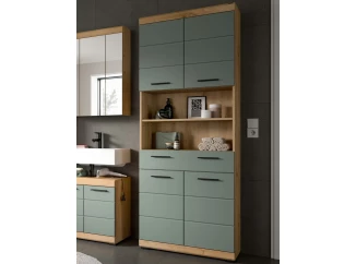 Vysoká skříňka s přihrádkami Scout, dub artisan/šalvějově zelená