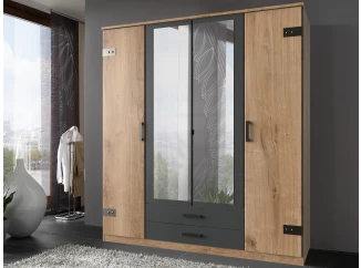 Šatní skříň se zrcadly Cork, 180 cm, prkenný dub/grafit