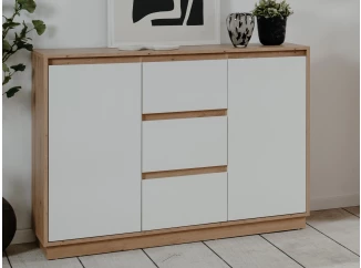 Komoda se šuplíky Dallas, 117 cm, dub artisan/leskle bílá
