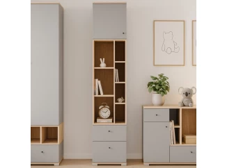 Regál s dvířky a zásuvkami Room 45 cm, dub biscuit/šedý