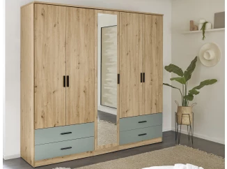 Šatní skříň se zrcadlem Savina 225 cm, dub artisan/šalvějová