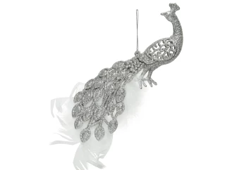 Závěsná vánoční dekorace třpytivý páv, stříbrná