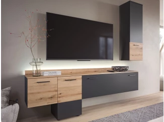 Obývací stěna s osvětlením Goul, tmavě šedá/dub evoke