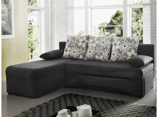 Rohová sedací souprava Polaris, černá látka/šedý motiv kytek