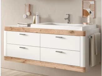 Závěsná koupelnová skříňka s umyvadlem Laredo, bílá/dub nox