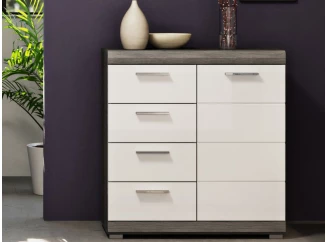 Komoda se 4 šuplíky Scout, 80 cm, šedý dub/bílá lesk