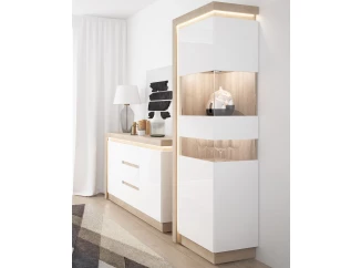 Vysoká vitrína Lyon, dub riviera/bílá lesk, s osvětlením, pravá