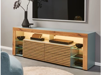 TV stolek Goal, šalvějově zelená/dub evoke, s osvětlením