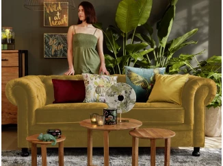 Pohovka Chesterfield, hořčicově žlutá látka