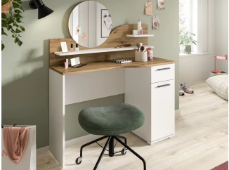 Toaletní stolek s kulatým zrcadlem Vanity, bílý/dub artisan