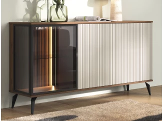 Široká komoda s prosklením Vici 154 cm, ořech/kašmírově béžová, s osvětlením