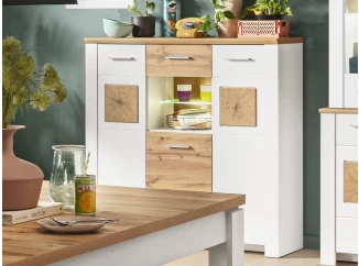 Vysoká komoda s osvětlenou přihrádkou Matera, starý dub/bílá