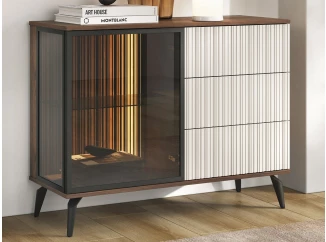 Komoda s prosklením Vici 103 cm, ořech/kašmírově béžová, s osvětlením