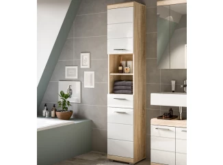 Vysoká koupelnová skříňka Lambada, dub sonoma/bílá lesk