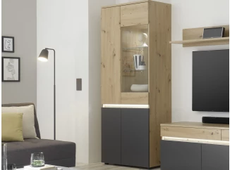 Vysoká vitrína Lille, dub artisan/antracit, s osvětlením