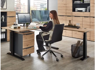 Rohový psací stůl s elektrickým nastavením výšky Memphis, dub artisan