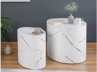 Sada oválných stolků Alvo, imitace bílý mramor, 2 ks