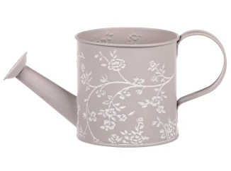 Obal na květináč tvar konev, šedý s bílými růžemi