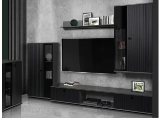 Obývací stěna Salsa, vintage optika kovu/černá/lamelový efekt