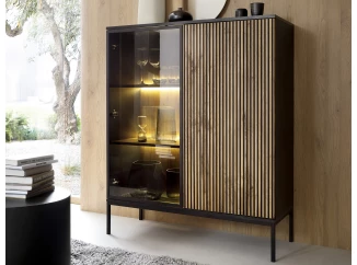 Skříňka s vitrínou Sento, černá/dub wotan, s osvětlením