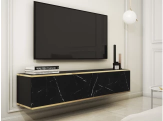 Závěsná TV skříňka Orfeo, 135 cm, imitace mramoru/zlatá