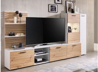 Obývací stěna Heathrow, bílá/dub artisan, s osvětlením