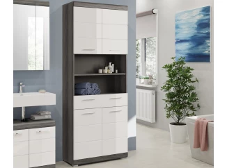 Vysoká skříňka s přihrádkami Scout, šedý dub/bílá lesk