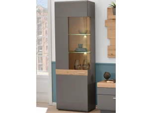 Vysoká vitrína Lucera, dub artisan/šedá, s osvětlením