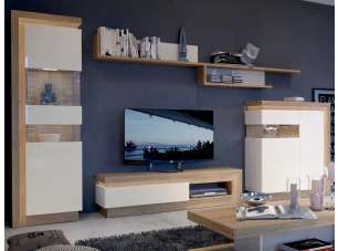 Obývací stěna Lyon, dub riviera/bílá lesk, s osvětlením