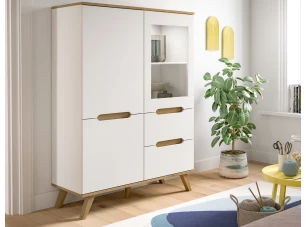 Skříňka s prosklením Scandi, bílá/dub nox