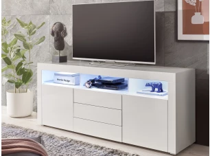 Široká TV skříňka Leeds, bílá lesk, s osvětlením