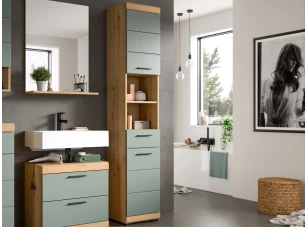 Vysoká koupelnová skříňka Scout, dub artisan/šalvějově zelená