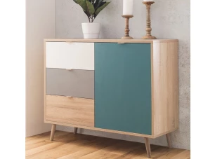 Skříňka Cuba, dub/bílá/šedá/petrolejová