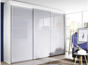 Šatní skříň s osvětlením Imperial, 300 cm, bílá/bílé sklo