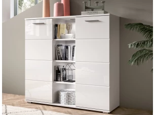 Vysoká skříňka s přihrádkami Prego, 110 cm, bílá lesk