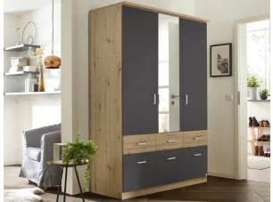 Šatní skříň se zrcadlem Bremen, 136 cm, dub artisan/tmavě šedá