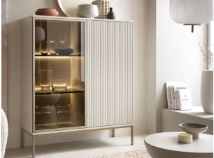 Skříňka s vitrínou Sento, kašmírově béžová/šampaň, s osvětlením