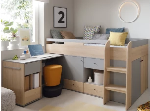 Zvýšená úložná postel se stolkem Room 90x200 cm, dub biscuit/šedá