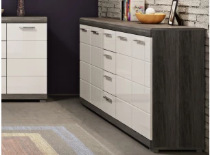 Široká komoda Scout, 165 cm, šedý dub/bílá lesk