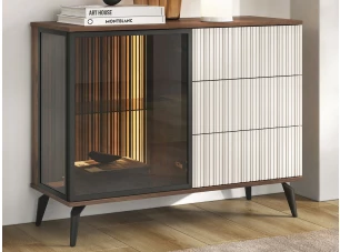 Komoda s prosklením Vici 103 cm, ořech/kašmírově béžová, s osvětlením