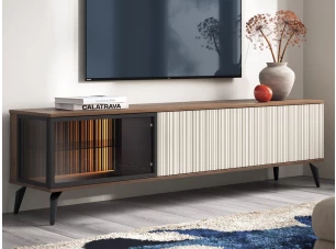 TV skříňka s prosklením Vici 180 cm, ořech/kašmírově béžová, s osvětlením