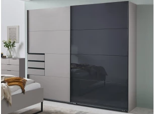 Šatní skříň se zásuvkami Tilburg, 225 cm, šedá sahara/černé sklo