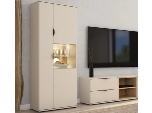 Vysoká skříňka s prosklením Avola, béžová kašmír/dub cremona