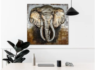 Kovový obraz na zeď Slon 80x80 cm, šedý vintage