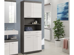 Vysoká skříňka s přihrádkami Scout, šedý dub/bílá lesk