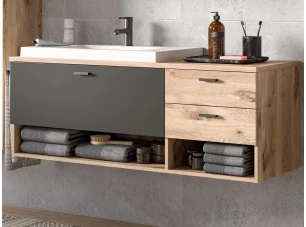 Závěsná koupelnová skříňka s umyvadlem Grado, dub nox/šedá