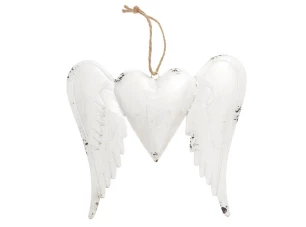Závěsná dekorace Srdce s křídly, antik bílá