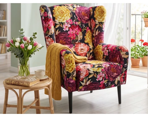 Křeslo ušák Canto, látka s motivem barevných květů